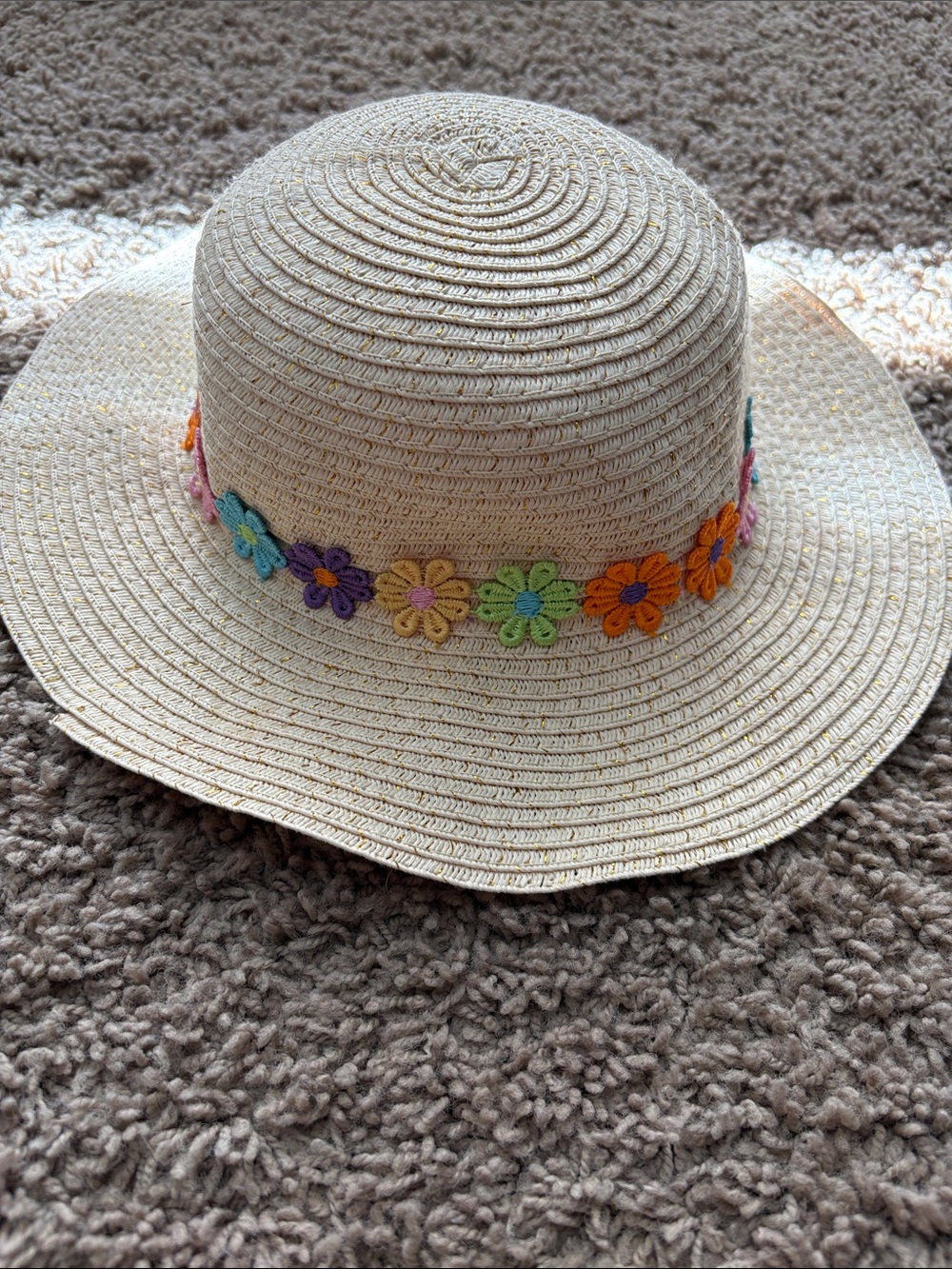 Kids Cream Straw Sun Hat with Multicolor Flower Trim